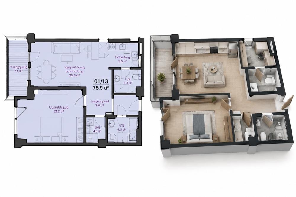 Apartment · 2 rooms · 76 m² · Nork-Marash